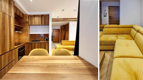 two views of a kitchen and a living room with yellow furniture at Aparthotel Poljice in Jahorina
