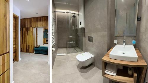 亞霍里納的住宿－Aparthotel Poljice，浴室设有水槽和卫生间,两幅图片