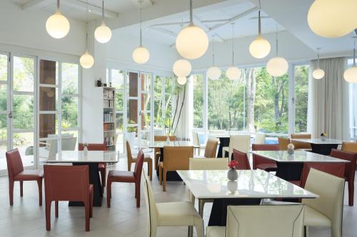 a restaurant with tables and chairs and windows at Around The Tree Manor in Shitan
