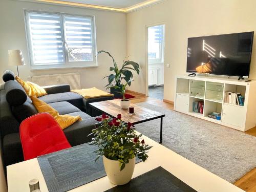 a living room with a couch and a tv at Leipzig-Apartments nahe Bahnhof, BMW und UFZ, inkl Parkplatz und Fahrräder in Leipzig