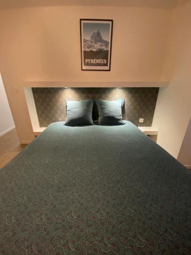 - une chambre avec un grand lit et des oreillers bleus dans l'établissement Quartier historique - Parking - Idéal Couple, à Pau
