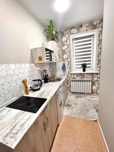 a small kitchen with a sink and a window at Sport Hotel Terra in Ustʼ-Kamenogorsk