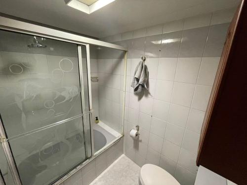 y baño con ducha y aseo. en Quiet apartment in Laureles, en Medellín
