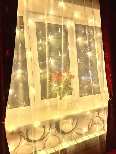 a window with a vase with a flower in it at Sport Hotel Terra in Ustʼ-Kamenogorsk