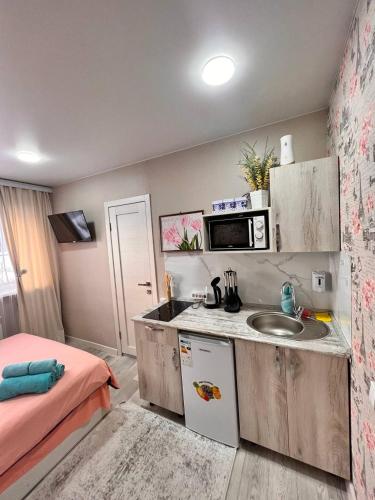 a small kitchen with a sink and a bed at Sport Hotel Terra in Ustʼ-Kamenogorsk