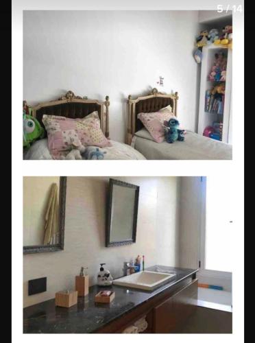 2 fotos de un dormitorio con lavabo y espejo en CASA EN COUNTRY PRIVADO RUMENCO en Mar del Plata