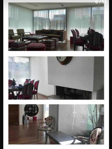 2 fotos de una habitación con mesa y sillas en CASA EN COUNTRY PRIVADO RUMENCO en Mar del Plata