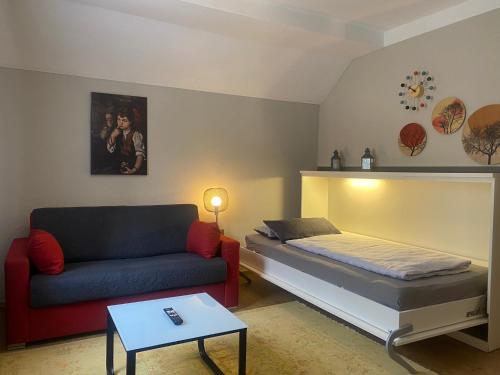a living room with a bed and a couch at S-VILLA Apartments im Schwarzwald in Schiltach