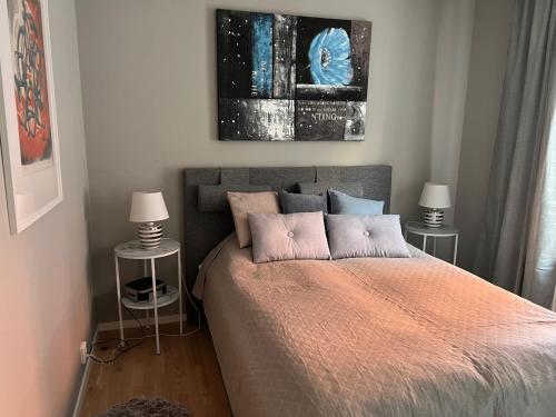 斯德哥爾摩的住宿－Haga 1 bedroom Apartment，一间卧室配有一张带两张桌子和两盏灯的床。