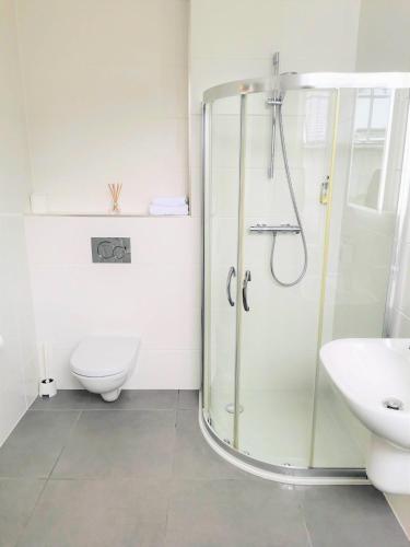 a bathroom with a shower and a toilet and a sink at The Elleray in Windermere