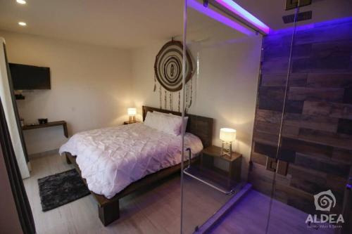 Schlafzimmer mit einem Bett und einer Glasdusche in der Unterkunft SUITE CON JACUZZI Y TERRAZA PRIVADOS EN PIRAMIDES in San Martín de las Pirámides