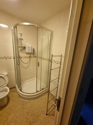 a bathroom with a glass shower and a toilet at Kings Arms Hotel Ebbw Vale in Ebbw Vale