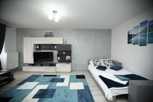 a bedroom with a bed and a flat screen tv at Apartament BriFla Comfort Mureș in Târgu-Mureş
