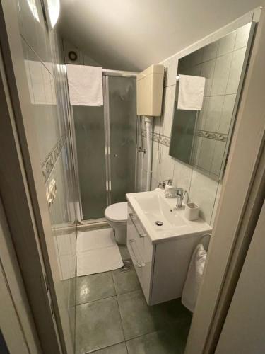 a bathroom with a shower and a sink and a toilet at Jacuzzi apartman Marin in Bol