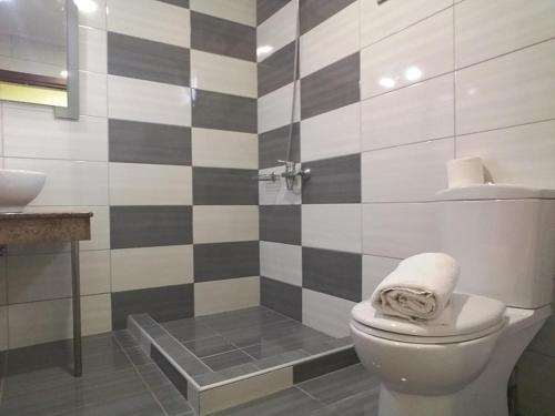 a bathroom with a toilet and a sink at Agia Kiriaki Bungalows in Alikanas