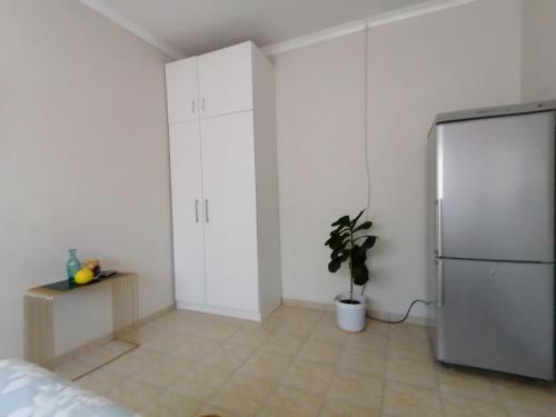 a white kitchen with a refrigerator and a potted plant at Country Block in Gaborone