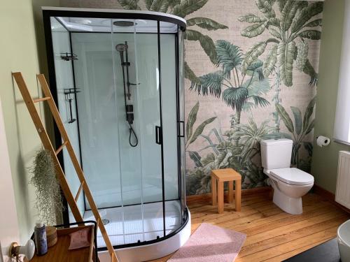 La salle de bains est pourvue d'une douche en verre et de toilettes. dans l'établissement Ypres Ramparts House, à Ypres