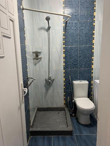a small bathroom with a toilet and a shower at Apartment in the City Center Neama Bay and free Wi-Fi in Sharm El Sheikh