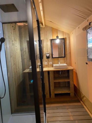a bathroom with a sink and a mirror at Glamping VALL de CODÓ in Terrades