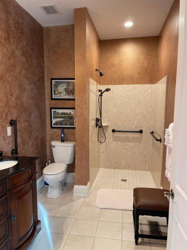 a bathroom with a shower and a toilet and a sink at Riverside Inn Bed and Breakfast in Warsaw