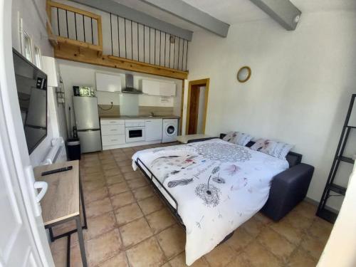 a bedroom with a large bed and a kitchen at Rez de villa à la campagne in Le Luc