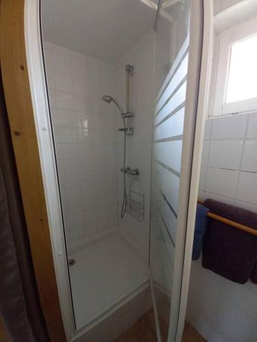 eine Dusche mit Glastür im Bad in der Unterkunft Rez de villa à la campagne in Le Luc