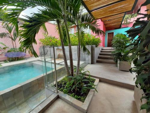 a house with a swimming pool and a palm tree at Rossa Palma in Cali
