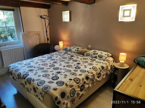 um quarto com uma cama com um edredão azul e branco em duplex vieille ville, à partager avec 2 chats em Briançon