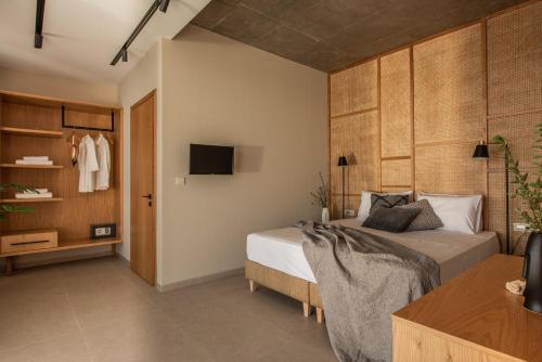 a bedroom with a bed and a tv on a wall at Limnionas Infinity Cave Villa in Kampíon