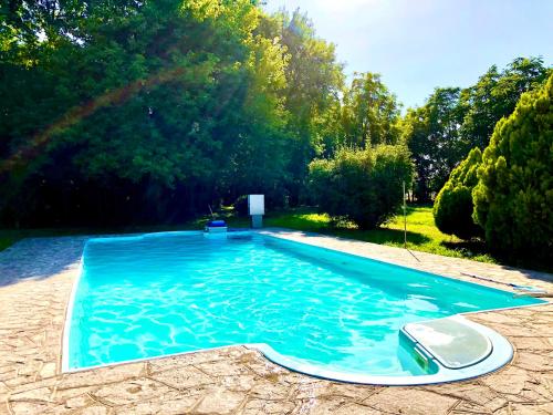 a large blue swimming pool in a yard at Dormi nella SPA privata con letto ad acqua, sauna, doccia emozionale e kneipp in Alessandria