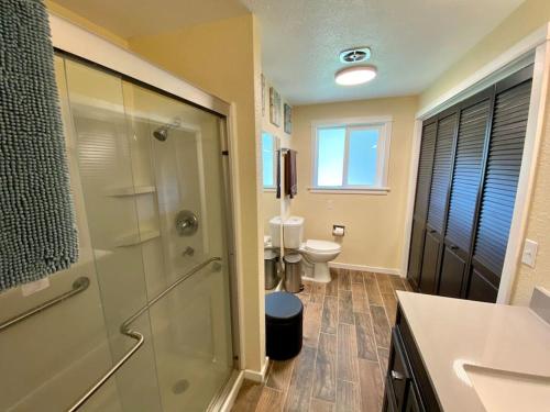 a bathroom with a shower and a toilet and a sink at Centrally Located Redmond Retreat with Pool Table in Redmond