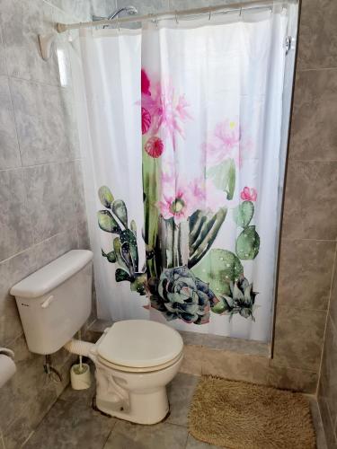 a bathroom with a toilet and a shower curtain at Dpto Queen in Caleta Olivia