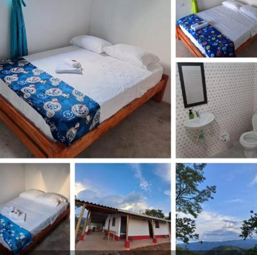 een collage van foto's van een bed en een badkamer bij Ecohotel Casa de Descanso La Pradera in Confines