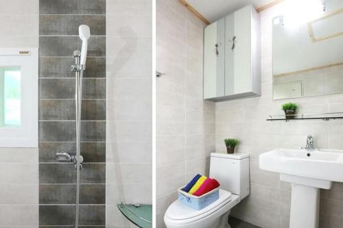 La salle de bains est pourvue d'une douche, de toilettes et d'un lavabo. dans l'établissement Matryoshka Pension, à Ulsan