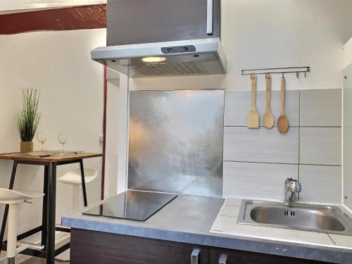 cocina con fregadero y encimera en WONDERHOST, au calme en hypercentre avec parking, en Pau