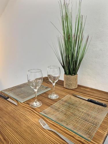- une table avec deux verres à vin et une plante dans l'établissement Wonderhost, au calme en hypercentre avec parking, à Pau