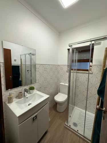 a bathroom with a toilet and a sink and a shower at CASA SOPHIE - Alojamento - Casa de Férias Completa in Ancião