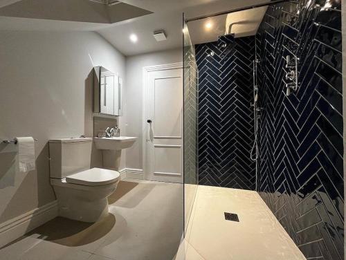 a bathroom with a toilet and a glass shower at Little Corners in Shawford