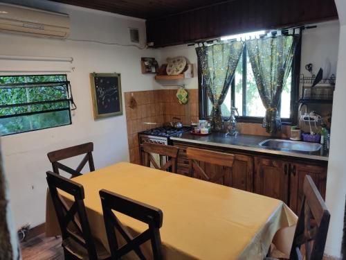 Casita Casa con parque, estacionamiento y pileta en Tigre في تيغري: مطبخ مع طاولة ومغسلة