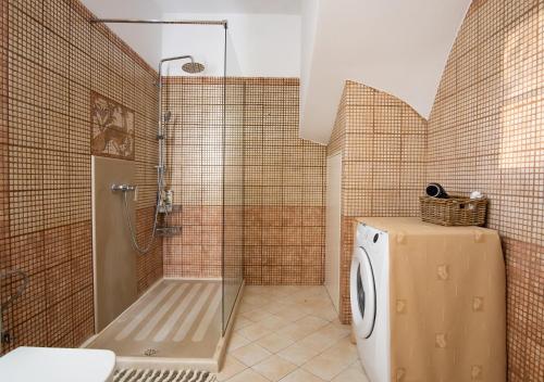 卡爾派尼西翁的住宿－Riverside Forest Retreat-Chalet，带淋浴和洗衣机的浴室