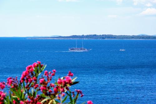 a boat on a large body of water with flowers at Villa Stone House Poplat in Vela Luka