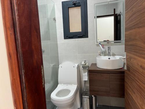 a bathroom with a toilet and a sink at Aqua view Beach Apartment in Banjul