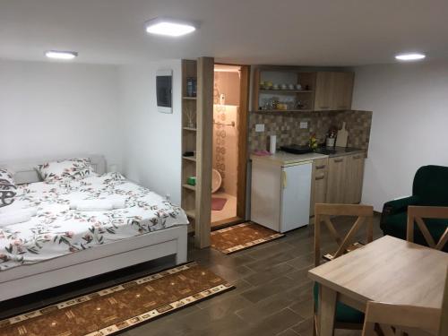 Habitación pequeña con cama y cocina en Mia apartmani - novoizgradjeni objekat, en Gornji Milanovac