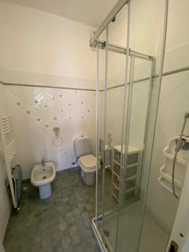 een badkamer met een toilet en een glazen douche bij BEACH HOUSE STEFI in Golfo Aranci