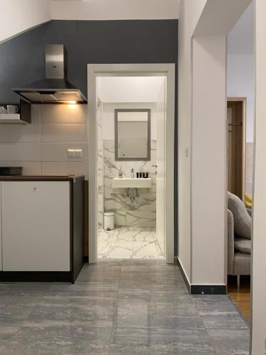 uma cozinha com um lavatório e uma casa de banho em Grey Suites em Zagreb