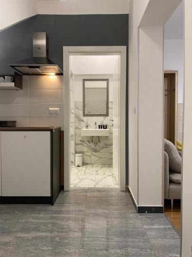 a kitchen with a sink and a bathroom at Grey Suites in Zagreb