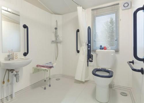 a white bathroom with a toilet and a sink at Merryfield And Sandfield in Chapel Saint Leonards