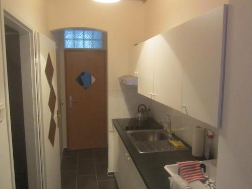 a small kitchen with a sink and a door at Apartments Messe-Prater in Vienna