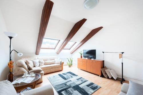 a living room with a couch and a tv at Prague - Karlin Apartments in Prague