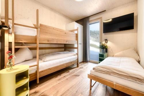 Ce dortoir comprend 2 lits superposés et une fenêtre. dans l'établissement Luxus Penthouse Zentral by A-Appartments, à Brand